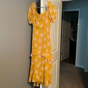 Lush size S mustard yellow and light pink floral dress with ruffles.